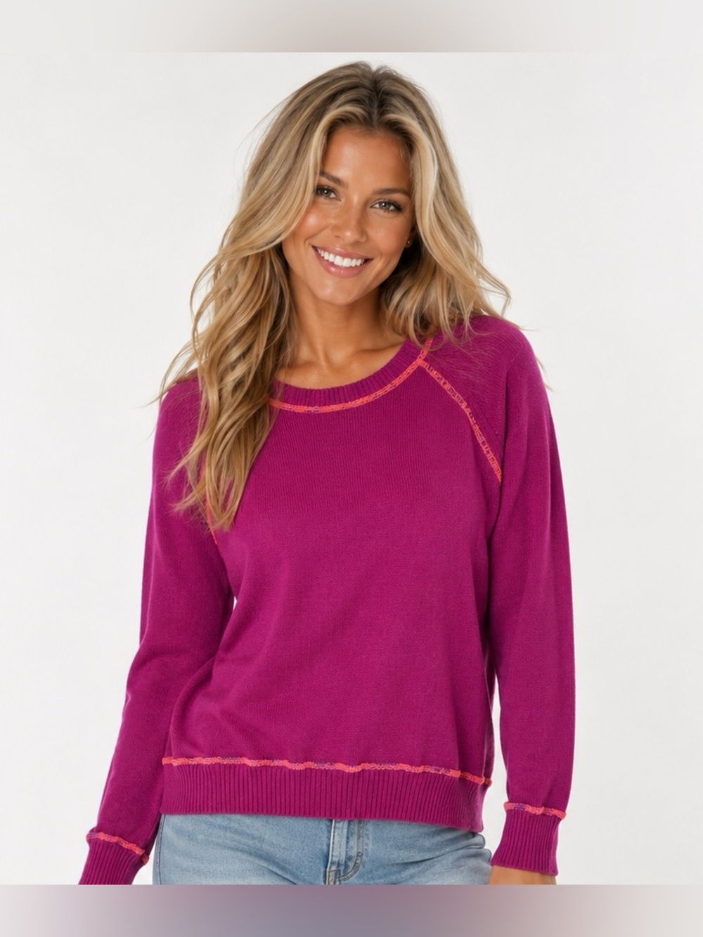 Old Navy Magenta Sweater Contrast Stitch Cotton Athleisure Quiet Luxury Lounge M - Picture 1 of 6